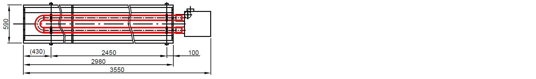 Půdorysný technický výkres infrazářiče KM-U s vyznačením délky zařízení a sálavých trubic.