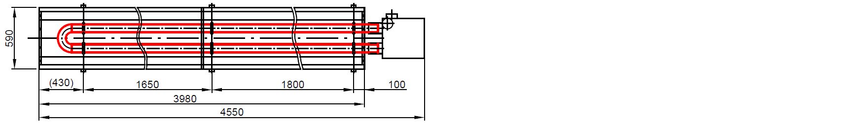 Půdorysný technický výkres infrazářiče KM-U s vyznačením délky zařízení a sálavých trubic.