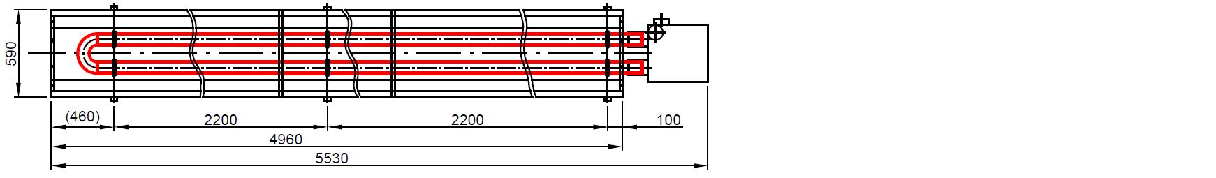 Půdorysný technický výkres infrazářiče KM-U s vyznačením délky zařízení a sálavých trubic.