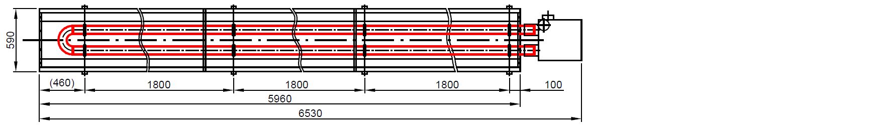 Půdorysný technický výkres infrazářiče KM-U s vyznačením délky zařízení a sálavých trubic.