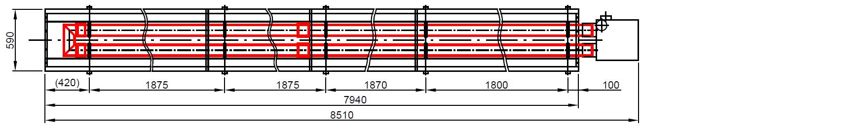 Půdorysný technický výkres infrazářiče KM-U s vyznačením délky zařízení a sálavých trubic.