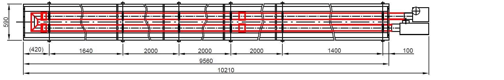 Půdorysný technický výkres infrazářiče KM-U s vyznačením délky zařízení a sálavých trubic.