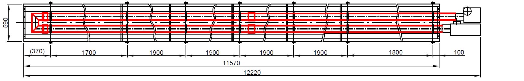 Půdorysný technický výkres infrazářiče KM-U s vyznačením délky zařízení a sálavých trubic.