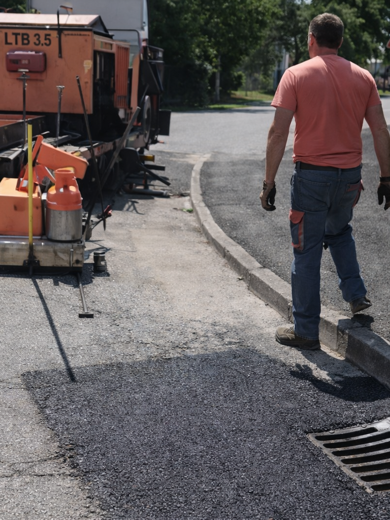 Oprava výtluku silnice pomocí stroje SILKOT. Zhutnění vozovky.