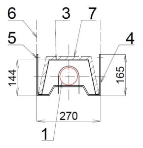 Technický řez tmavým plynovým infrazářičem KM-1 s vyznačenými rozměry a sálavou trubicí.