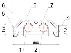 Technický řez tmavým infrazářičem KM-U s vyznačenými rozměry a umístěním sálavých trubic.