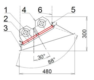 Technický detail světlého plynového infrazářiče MKS – úhel sálání a montážní rozměry