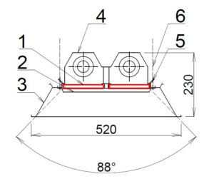 Technický výkres světlého plynového infrazářiče – rozměry 520 mm a úhel sálání 88°