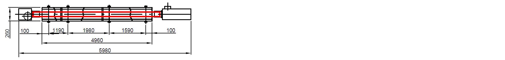 Technický výkres plynového infrazářiče KM-1 v délkové variantě 5 m s vyznačenými montážními rozměry.