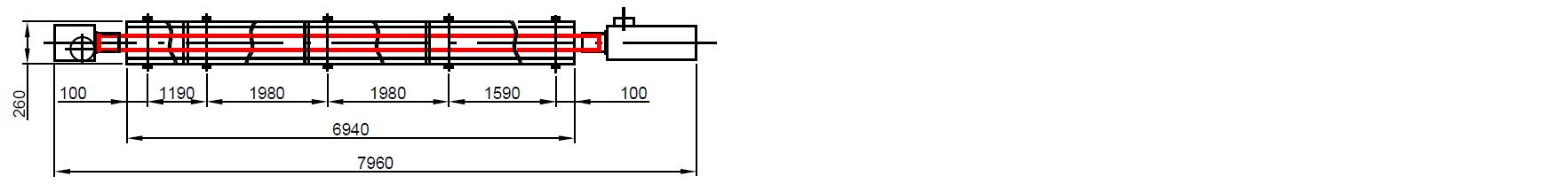 Rozměrové schéma infrazářiče KM-1 délky přibližně 7 m určeného pro temperování skladů.