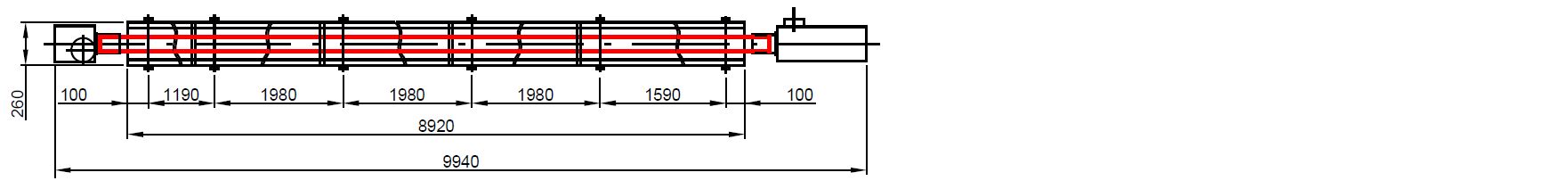 Půdorysný technický výkres infrazářiče KM-1 o délce kolem 9 m s vyznačením topné trubky a spalovací jednotky.