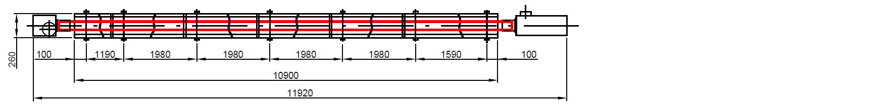 Technický výkres infrazářiče KM-1 v prodlouženém provedení s celkovou délkou kolem 19 m.