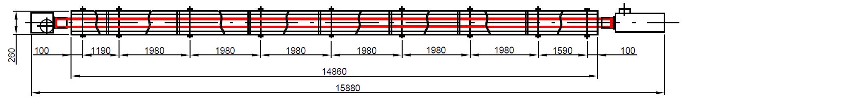 Plynový tmavý infrazářič KM-1 v nejdelší variantě s vyznačenými montážními rozměry a napojením hořáku.