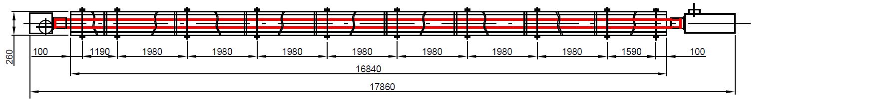 Rozměrové schéma infrazářiče KM-1 střední délky vhodného pro temperování větších skladů.