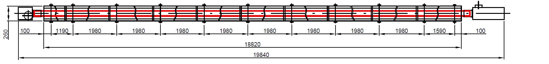 Technický půdorys infrazářiče KM-1 s prodlouženou sálavou částí a vyznačením celkové délky zařízení.