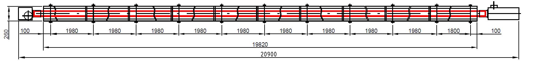 Rozměrové schéma dlouhé varianty infrazářiče KM-1 pro velkoplošné temperování skladových prostor.
