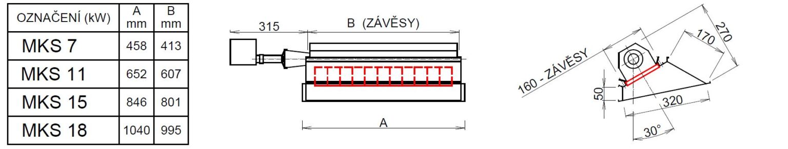 Rozměry světlého plynového infrazářiče MKS 7–18 kW – montážní rozměry a závěsy