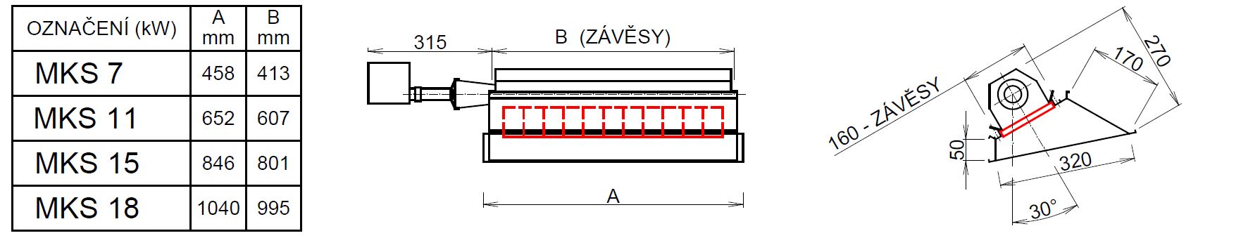 Rozměry světlého plynového infrazářiče MKS 7–18 kW – montážní rozměry a závěsy