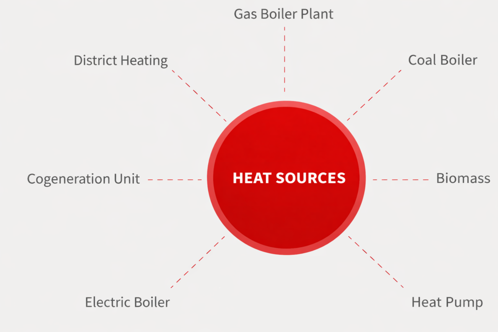 Heat sources for radiant heating systems – gas boiler plant, coal boiler, biomass, heat pump, electric boiler and cogeneration unit