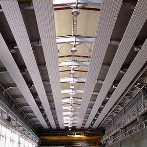 KSP radiant panels suspended in an industrial hall